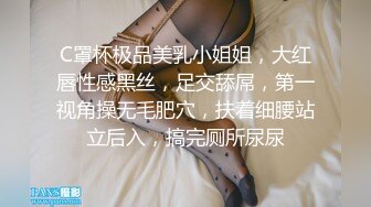 C罩杯极品美乳小姐姐，大红唇性感黑丝，足交舔屌，第一视角操无毛肥穴，扶着细腰站立后入，搞完厕所尿尿